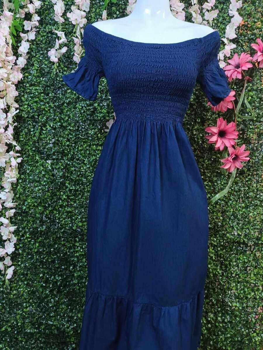 Dress With Short Spring Sleeves On The Long Bust - 深色水洗藍 - 查看 1