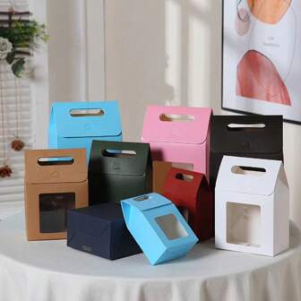 12/24pcs/Pack Minimalist Solid Color Kraft Paper Gift Boxes With Window And Handle, Suitable For Holiday Party, Birthday, Wedding, Small Gifts, Flowers, Toys, Accessories,Christmas