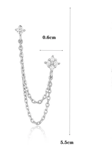 1 件时尚女士双穿孔链耳钉，时尚小环耳环镶嵌闪亮锆石，甜美多耳环链流苏耳环，适合女孩，圣诞礼物 - 銀色 - 查看 3