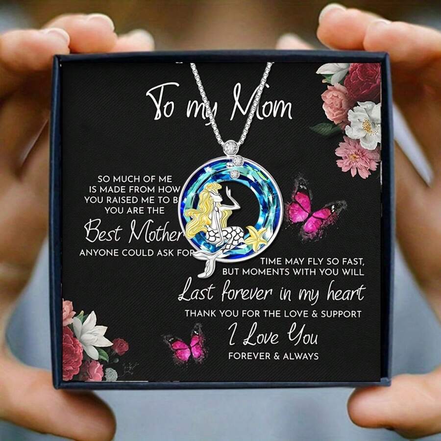 1入組人魚吊墜項鍊，鑲嵌人工水晶，優雅設計，附有母親節祝福賀卡和禮品盒，適合當作母親節禮物贈送給媽媽