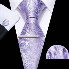 Cravate florale violette royale pour hommes, ensemble de cravate de luxe en soie jacquard avec mouchoir pour mariage et soirée