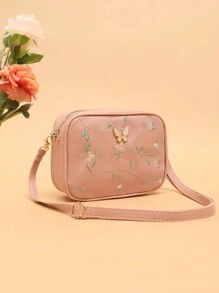 兒童包2024新款刺繡蝴蝶羽絨斜跨包，小方形休閒相機包 - 粉色 - 查看 3