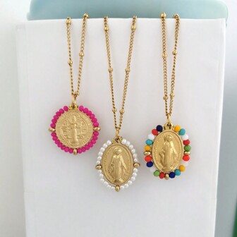 1pc Beaded Maria Pendant Stainless Steel Vacuum Plating Waterproof Necklace, Suitable For Women And Men In Parties And Holidays