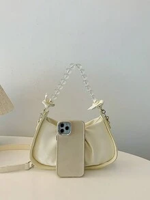 Solid Color Simple Folded PU Pearl Chain Crescent-Shaped Handbag Shoulder Bag - Beige - View 6