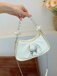 Solid Color Simple Folded PU Pearl Chain Crescent-Shaped Handbag Shoulder Bag - Beige - View 10