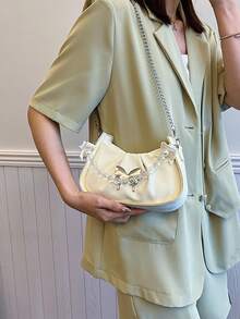 Solid Color Simple Folded PU Pearl Chain Crescent-Shaped Handbag Shoulder Bag - Beige - View 7