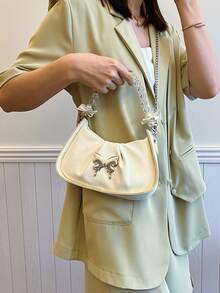 Solid Color Simple Folded PU Pearl Chain Crescent-Shaped Handbag Shoulder Bag - Beige - View 8