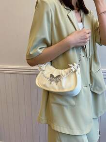 Solid Color Simple Folded PU Pearl Chain Crescent-Shaped Handbag Shoulder Bag - Beige - View 9