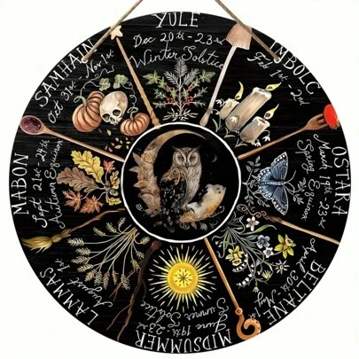 1pc, Wheel Of The Year Wood Sign, Pagan Calendar, Witchcraft, Wicca, Witch, Grimoire, Wiccan, Samhain, Yule, Moon Phases, Witchy, Wall Decor, Room Decor, Home Decor, Bar Decor, Cafe Decor, Garage Decor, Trick Or Treat, Halloween Best Gifts Birthday Graduation Halloween Decor Fall Decor