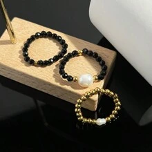 3pcs Women's Stainless Steel Ring Set, Natural Stone, Freshwater Pearl, Shell Handmade Design With Elastic Band, Adjustable Size, Minimalist Style Accessories For Daily Wear, Festivals, Weddings And Parties - Natural Stone Ring Set - View 5