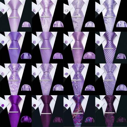 Conjunto de Gravata de Seda Paisley Tecida Floral Roxa Real de Luxo, Lenço Masculino para Casamento e Festa