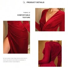 Vestido Fiesta,manga Larga,cuello En V,terciopelo,cóctel - Negro - Ver 5