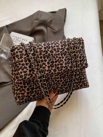 Bolso de hombro y bandolera con cadena de metal de estampado de leopardo, de estilo europeo y americano, bolso con estampado de leopardo