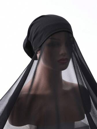 1pc Muslim Women's Solid Color Chiffon Hooded Long Scarf Hijab With Opening Cap, Daily Fashionable & Comfortable