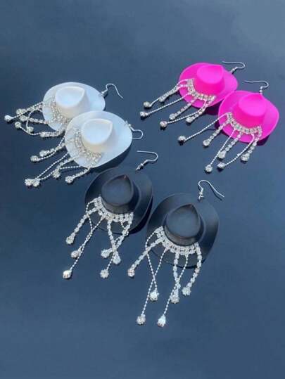 أقراط قبعة بأسلوب الكاوبوي الغربي مرصعة بالألماس مع سلسلة صغيرة على شكل أشرطة