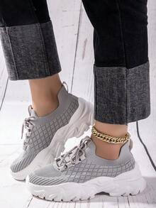 Zapatillas de deporte de suela gruesa de color gris claro de moda para mujeres, calzado ligero con amortiguación para correr, zapatillas de deporte gruesas - Gris Claro - Ver 4