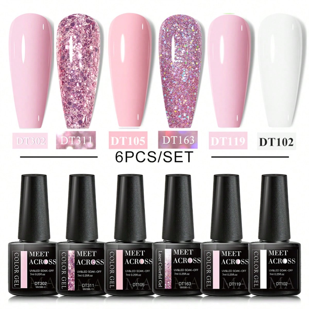 Shein Women's Multicolor 6Pcs 7Ml Gel Nail Polish Set Nude Pink Glitter Color Including 6 Colors Of Gel Polish Used With Base Coat Matte & Shine Top Coat, Non-Wipe Top Coat, Gift Set In Series Nails