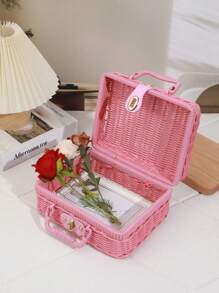 1pc Pink Plastic Woven Storage Basket Gift Box - Multicolor - View 7