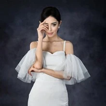 1件白色新娘袖套，蓬蓬薄纱伴娘婚礼派对礼服手臂遮盖配饰，秋季配饰，情人节配饰 - 彩色 - 查看 7