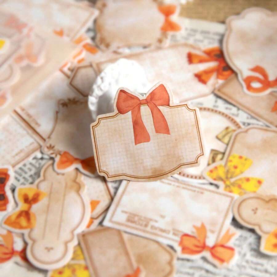 YANJI 1包/48入組蝴蝶結貼紙，復古創意美學貼紙，DIY裝飾拼貼材料，節日禮物，個性化創意相簿、學校文具用品 - 黃色 - 查看 1