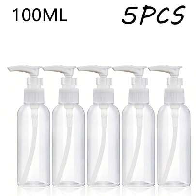 5 件 3.4 盎司透明圆形肩瓶、泵瓶分配器、乳液泵分配瓶旅行容器塑料空可再填充化妆品泵瓶、旅行容器小型防漏挤压瓶，适用于洗漱用品、洗发水、乳液、护发素、旅行装化妆品、居家旅行、白色 50ml/100ml、便携式配件收纳