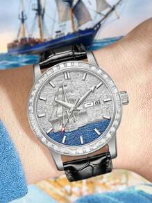 男士休閒皮帶，黑色中空，多功能星期、夜燈、日曆、自動機械錶 - 黑色 - 查看 2