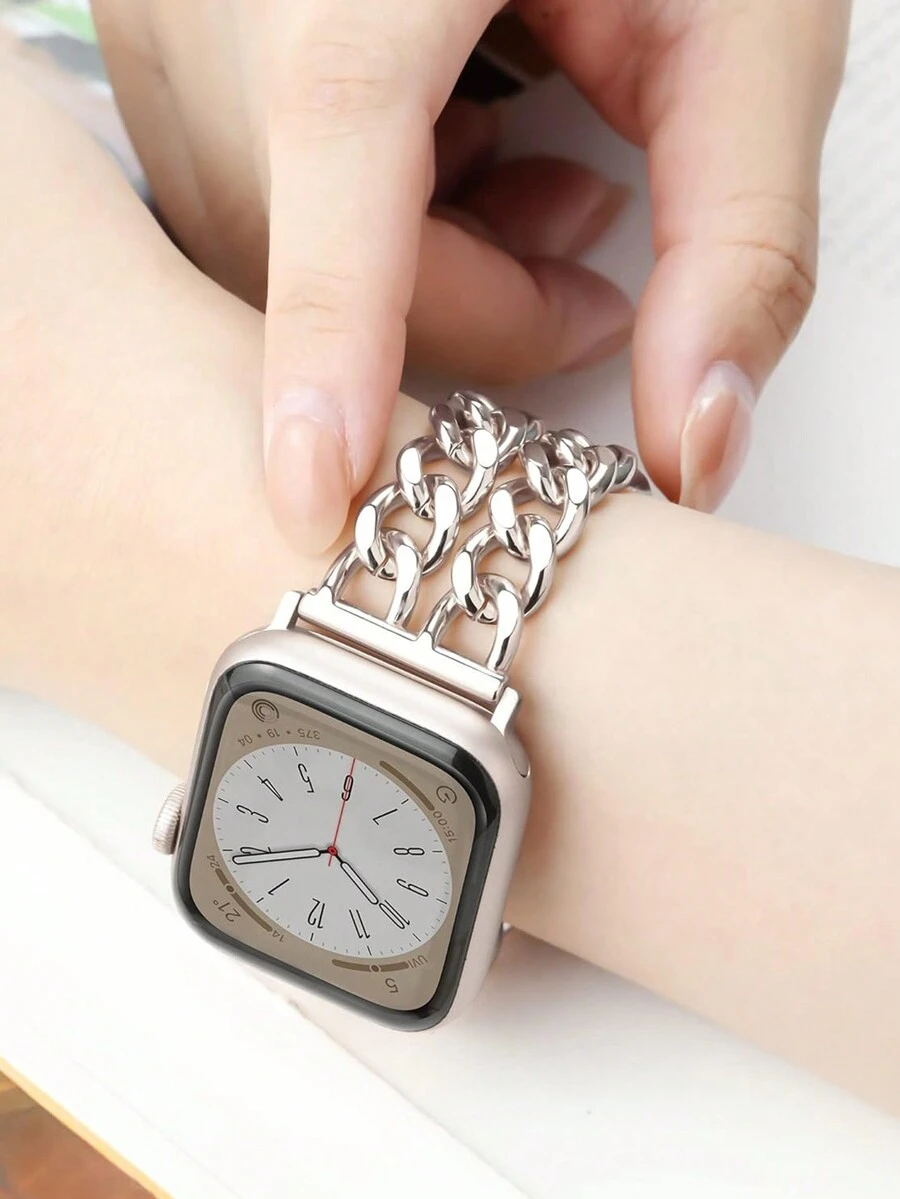 1入女性蘋果不銹鋼金屬錶帶，與Apple Watch 40mm Ultra2 49mm 44mm 45mm 41mm 42mm 38mm兼容，鍊式設計手鍊錶帶，與Apple Watch Series SE 9 8 7 6 5 4 3 2 1兼容，蘋果手錶配件