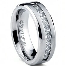 Titanium Men's 1Ct Wedding Band Engagement Ring 9 Large Princess Cut Cubic Zirconia - 銀色 - 查看 1