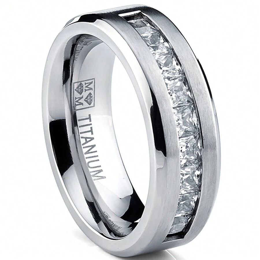 Titanium Men's 1Ct Wedding Band Engagement Ring 9 Large Princess Cut Cubic Zirconia - 銀色 - 查看 1