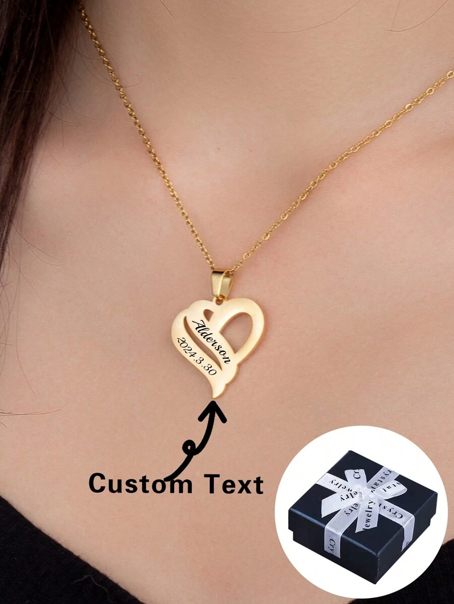 Personalized Couple Necklace With Two Names, Custom Stainless Steel Heart-Shaped Pendant, Mother's Day/Anniversary/Birthday/Graduation/Christmas/Friendship/Valentine's Day Gift - Gold - View 1