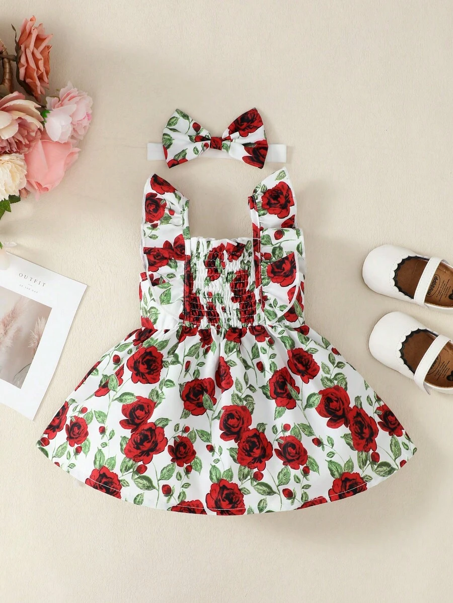 Newborn Baby Girl Rose Printed Cap-Sleeve Casual Dress With Bow Headband 2pcs Set