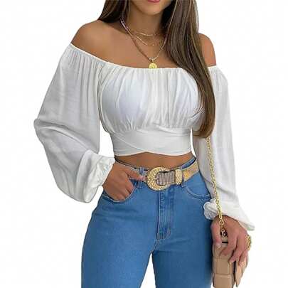 BZBWomen Off Shoulder Crop Top Ruched Lantern Sleeve Self Tie Dessy Cropped Tee Shirts Grey