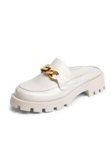 Women Mules Slippers Chunky With Gold Chain Decor Slip On Platform Thick Comfortable Fashion Classic Loafers Flat Slides Shoes - Màu be - Xem 7