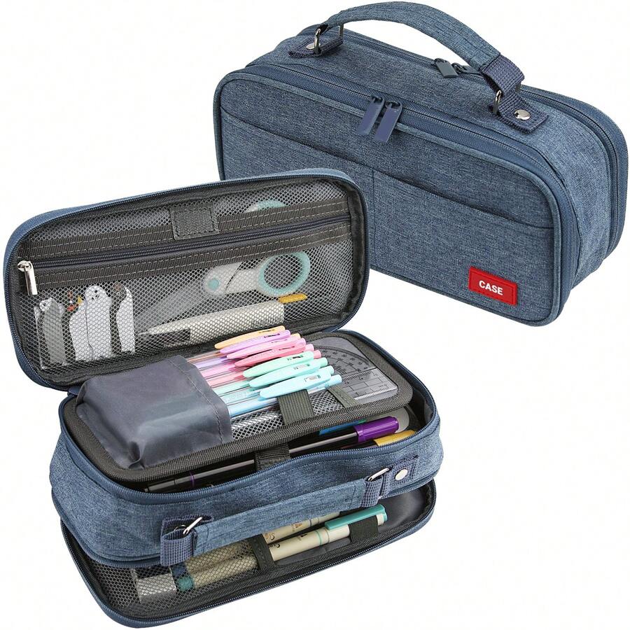 Dual Side Pencil Case Large Capacity Pencil Case Organizer; Double Zipper Storage Bag; Big Pencil Pouch - 藍色 - 查看 1