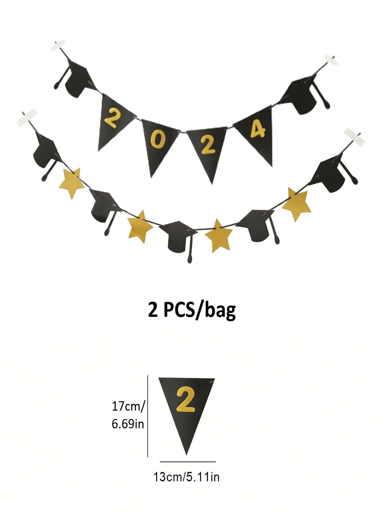 Triangle Graduation 2PCS/Set 2024 Graduation Black & Gold Doctorate Cap Triangle Flag ...