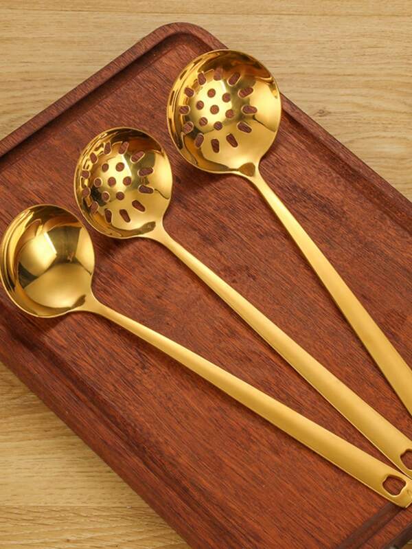 Stainless Steel Korean Style Soup Ladle With Strainer, Long Handle Large Serving Hot Pot Spoon, Gold Color, Home Kitchen Utensil