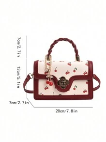 Fashionable High-End Ladies Square-Shaped PU Handbag, Multifunctional Cute Cherry Printed Shoulder Bag, Suitable For Shopping, Dating, Crossbody Bag For Girls, Kawaii Cherry Elements Valentines