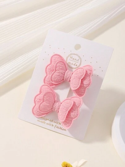 2pcs Solid Color Double-Layered Bow Hair Clips For Kids, Full Coverage Baby Bangs Hairpins Love Valentine