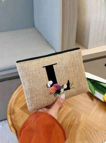 Initial Floral Printed Linen Zipper Bag With Coin Purse Makeup Bag Teacher Appreciation Gift Birthday Gift Travel Storage Bag: The Perfect Choice For Outdoor Beauty! It Is A Gift Mothers Teachers Friends Bridesmaids Valentine's Day Gifts Students Returning To School Teachers Suitable Daily Use Birthdays Holidays Vacations Beaches Travel Commuting Business Picnics Camping Supermarkets Daily Storage For Women Wallet Mini Wallet Purse Wallet Coin Wallet - Khaki - View 5