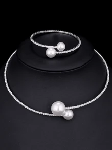 1/2pcs Luxury Rhinestone & Faux Pearl Bracelet & Necklace Set, Suitable For Evening Party
