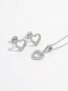 925 Sterling Silver Cubic Zirconia Paved 1 Set/1 Pair/1 Pc Romantic, Sparkling, Classic, Elegant & Fashionable Heart Shaped Jewelry Set/Earrings/Necklace For Women Perfect Decoration For Valentine's Day, Weddings, Engagement, Anniversary, Daily Life, Festivals, Holiday Travels, Birthdays, Parties & Dates Bridal Jewelry Valentines - Silver - View 1