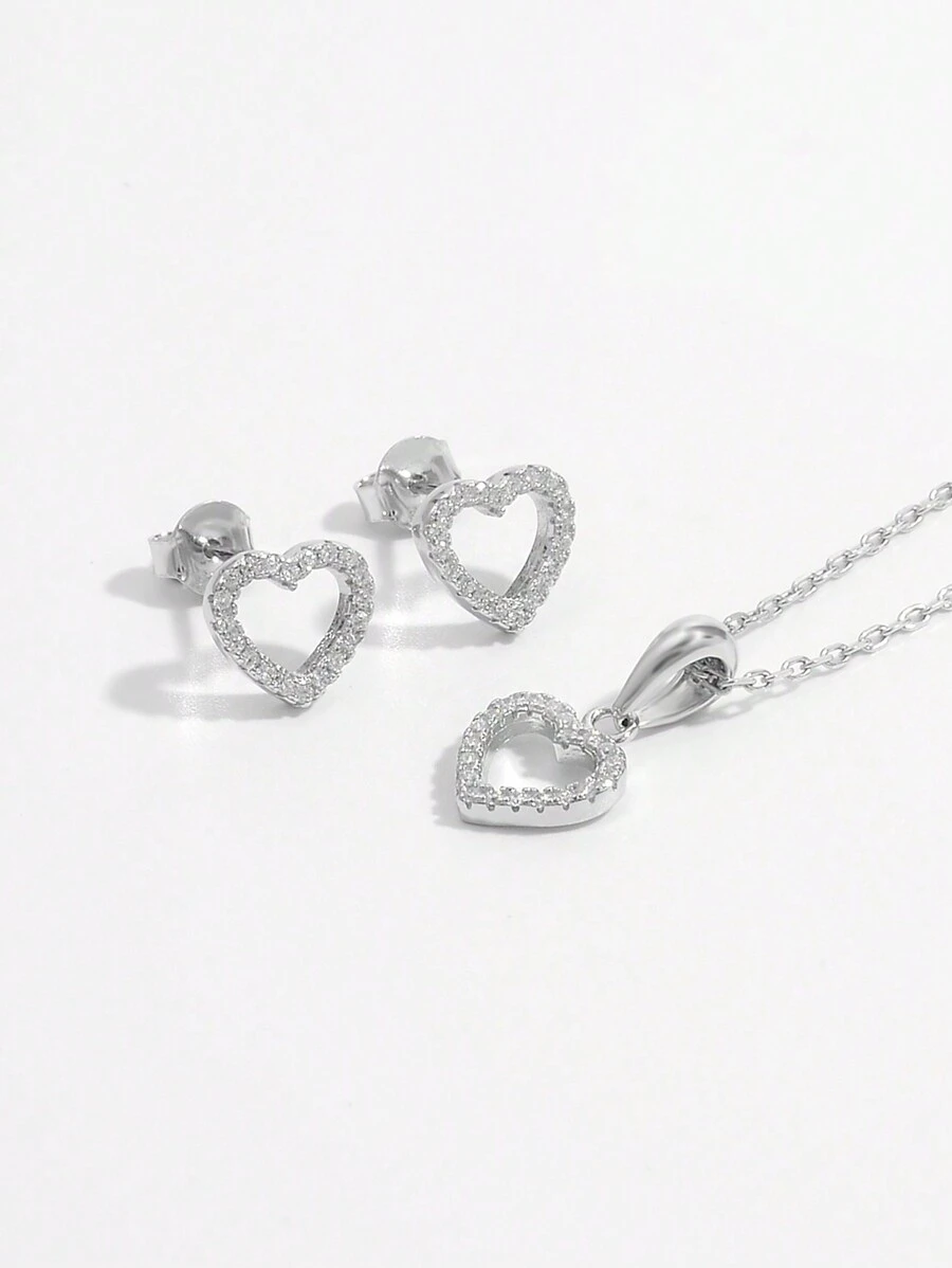 925 Sterling Silver Cubic Zirconia Paved 1 Set/1 Pair/1 Pc Romantic, Sparkling, Classic, Elegant & Fashionable Heart Shaped Jewelry Set/Earrings/Necklace For Women Perfect Decoration For Valentine's Day, Weddings, Engagement, Anniversary, Daily Life, Festivals, Holiday Travels, Birthdays, Parties & Dates Bridal Jewelry Valentines - Silver - View 1