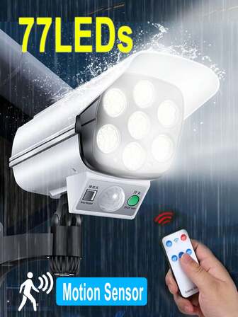 2024 Upgrade-Solar Charging LED Simulation Surveillance Wall Light, 77 Light Beads, 3 Functional Modes, Waterproof, Remote Control, Including Human Sensor Function, Automatic Lighting, Suitable For Yard, Outside Wall, Garage, Hallway, Etc, Outdoor Garden Lighting For Pathway, Yard, Patio