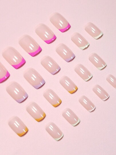フレンチレインボーグラデーションボーダー付きのクリームマカロンカラーの中間長の假爪24個+ ゼリージェル 1個+ ネイルファイル 1個セット、フレッシュでミニマリストなスタイル