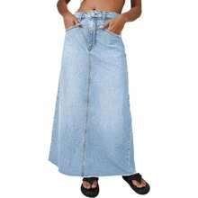Women's Vintage Denim Maxi Skirt Casual High Waist A-Line Frayed Hem Long Jean Skirt With Pockets - 淺藍色 - 查看 1