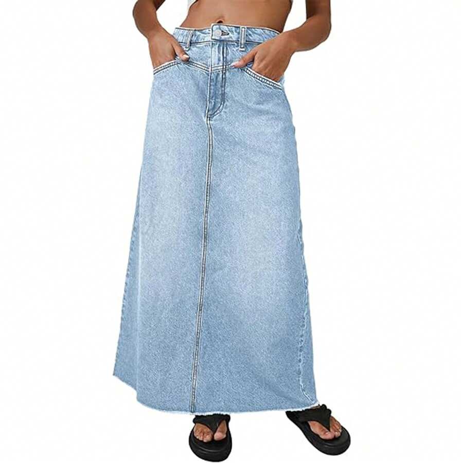 Women's Vintage Denim Maxi Skirt Casual High Waist A-Line Frayed Hem Long Jean Skirt With Pockets - 淺藍色 - 查看 1