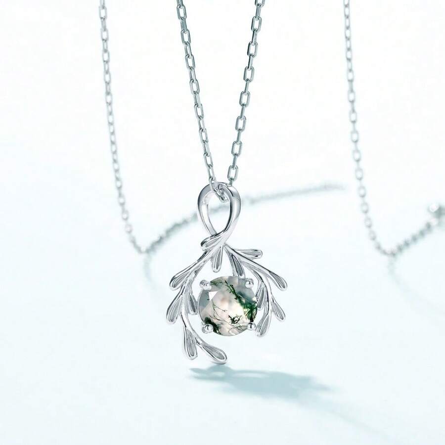 1 Vòng cổ mặt dây chuyền bạc S925 khảm rêu tròn 7x7mm trang nhã và hợp thời trang & Tảo nước, chất lượng cao cho trang phục hàng ngày của phụ nữ, cũng hoàn hảo làm quà tặng kỷ niệm - mặt dây chuyền - Xem 1