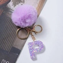 1入組可愛的紫色樹脂星星圖案毛絨球裝飾字母鑰匙扣掛飾毛絨鑰匙扣、錢包鑰匙扣、包裝飾字母鑰匙扣、字母形汽車鑰匙扣掛飾、防丟鑰匙扣，是給朋友、同事、同學、家人的絕佳禮物
