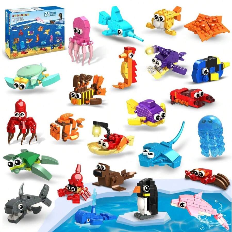 Juguete de bloque de construcción de animales marinos para relleno de bolsas de premio, premios de aula, set de construcción, 24 paquetes de recuerdos para fiesta de cumpleaños de niños, regalo para niños y niñas de 6 a 12 años, decoración de habitación - Multicolor - Ver 1