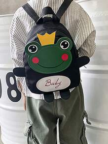 1个时尚新款纯色斜挎背包，尼龙材质，拉链轻便夏季包，防水青蛙印花图案书包，可调节肩带，儿童背包，适合女孩/男孩，可用于上学/购物/户外/徒步旅行 - 黑色 - 查看 9